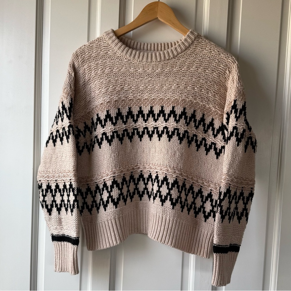 Skies Are Blue Fair Isle Knit Sweater Cream & Black Crew Neck - Sz S